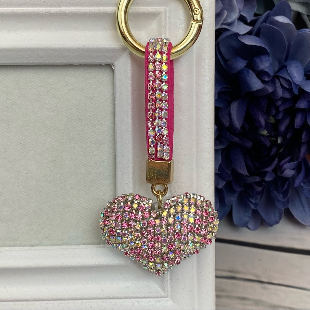 Chic Multicolor Pink Crystal & Leather Heart Keychain